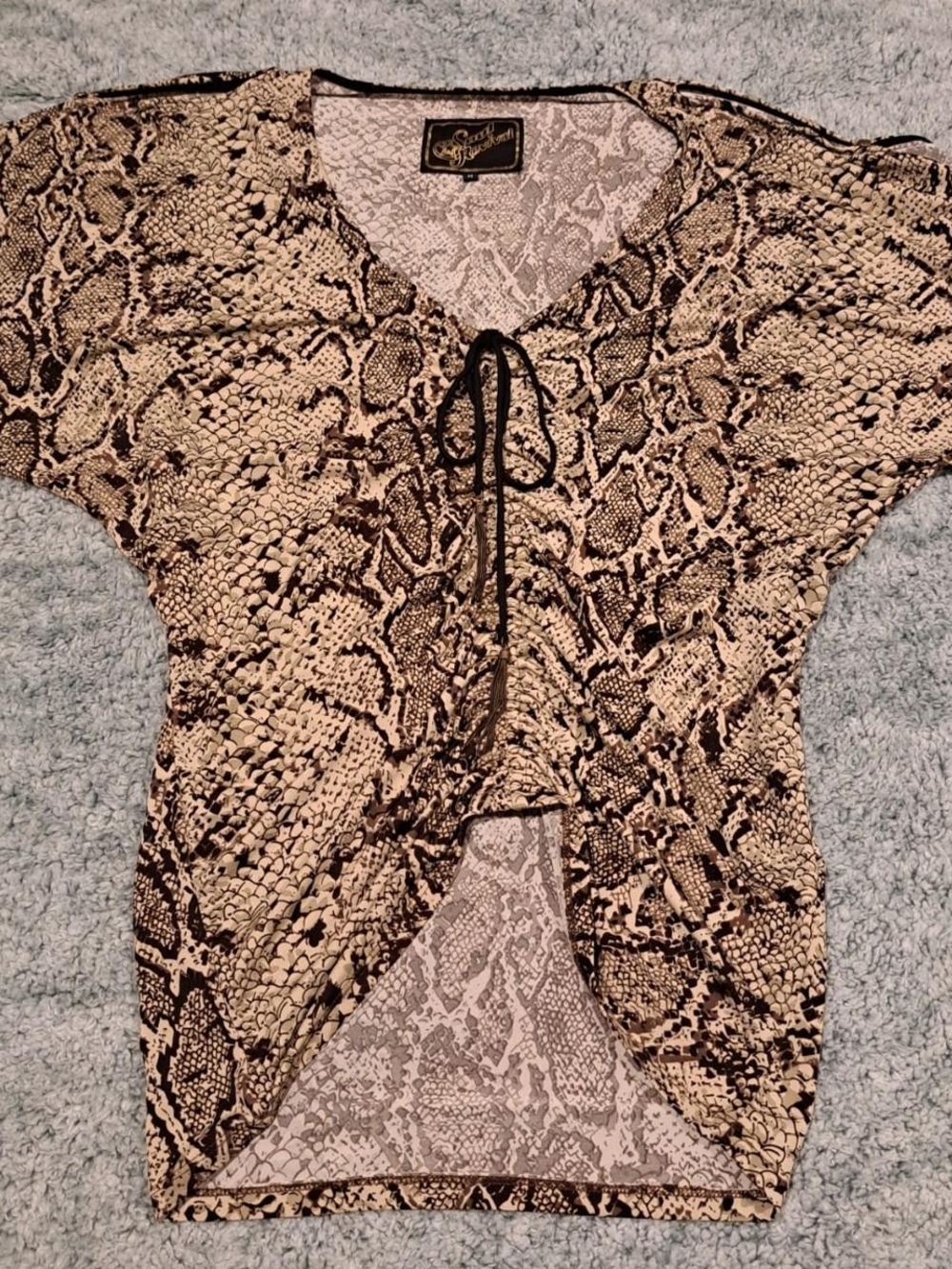 Soul Revival Snake-Print V-Neck Blouse in Beige and Black